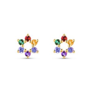 Brinco Rainbow em Ouro Amarelo 18k com Citrino, Ametista Roxa, Tanzanita, Granada e Turmalina Verde