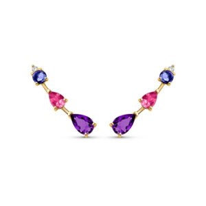 Brinco Ear Cuff Pietre em Ouro Amarelo 18k com Ametista Roxa, Turmalina Rosa, Iolita e Diamantes