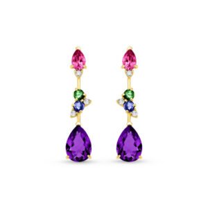 Brinco Pietre em Ouro Amarelo 18k com Ametistas Roxa, Turmalinas Rosa, Turmalinas Verde, Iolitas e Diamantes