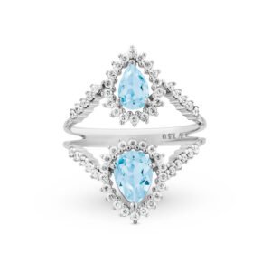 Anel Clássico em Ouro Branco 18k com Águas Marinhas e Diamantes