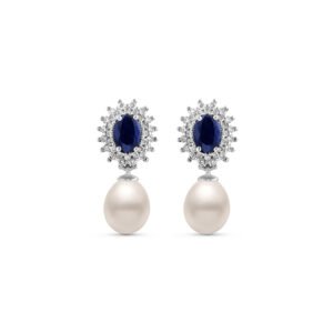 Brinco Classic em Ouro Branco 18k com Pérola, Safira Azul e Diamantes