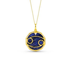 Pingente Zodíaco Cncer em Ouro Amarelo 18k com Lápis Lazuli e Safira Incolor