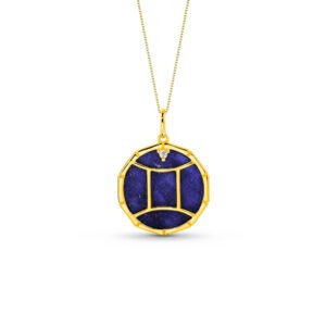 Pingente Zodíaco Gêmeos em Ouro Amarelo 18k com Lápis Lazuli e Safira Incolor