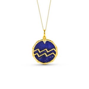 Pingente Zodíaco Aquário em Ouro Amarelo 18k com Lápis Lazuli e Safira Incolor