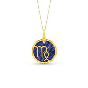 Pingente Zodíaco Virgem em Ouro Amarelo 18k com Lápis Lazuli e Safira Incolor