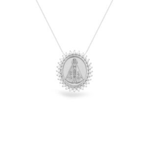 Pingente Medalha N.Sra. Aparecida em Ouro Branco 18k com Topázios Incolores