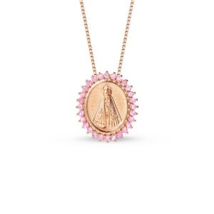 Pingente Medalha N.Sra. Aparecida em Ouro Rosé 18k com Safiras Rosa