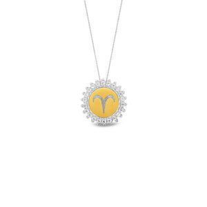 Pingente Medalha Signo Áries em Prata 925 com Ouro Amarelo 18k e Topázios Incolores