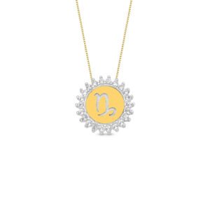 Pingente Medalha Signo Capricórnio em Prata 925 com Ouro Amarelo 18k e Topázios Incolores