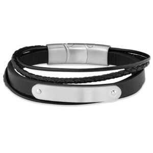 Pulseira Life em Couro Preto com Aço