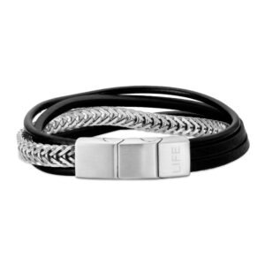 Pulseira Life em Couro Preto com Aço