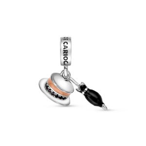 Pingente Life Disney Zé Carioca Chapéu e Guarda-Chuva em Prata 925 com Pedras Pretas e Esmalte
