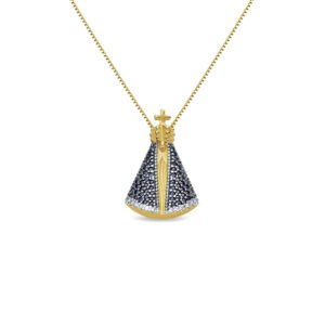 Pingente Medalha N.Sra. Aparecida em Ouro Amarelo 18k com Safiras Azul e Diamantes
