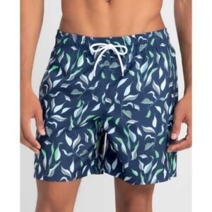 Short Praia Estampado Ramos Eucalipto Plus Size Azul Marinho XGG