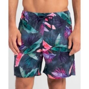 Short Praia Estampa Folhagem Escura Azul Escuro P