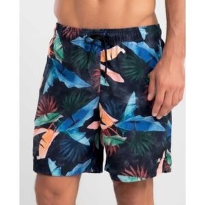 Short Praia Estampa Folhagem Escura Plus Size Preto XGG