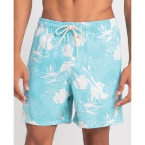 Short Praia Estampado Folhagem Plus Size Azul Claro XXGG