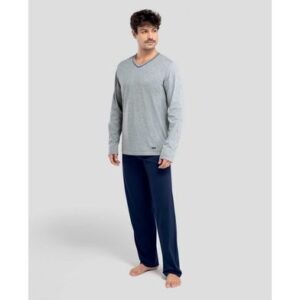 Pijama Manga Longa Algodão Gola V Cinza Mescla Claro GG