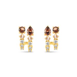 Brinco Life Mocha em Prata 925 com Banho de Ouro Amarelo 18k, Pedras Marrons e Incolores