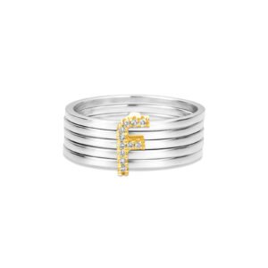 Anel Letra F em Prata 925 e Ouro Amarelo 18k com Diamantes 0,04 ct