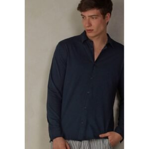 Camisa Manga Comprida Em Algodão Slub - Azul
