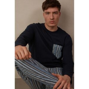 Pijama Comprido Estampa Listrada Em Algodão - Azul