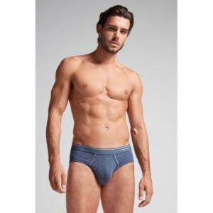 Cueca Slip Em Algodão Supima Com Elástico Visível - Azul