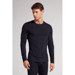 Camiseta Manga Comprida Lã Merino Decote Redondo - Azul