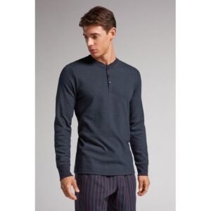 Blusa Tunisina Manga Comprida Em Algodão Quente - Azul