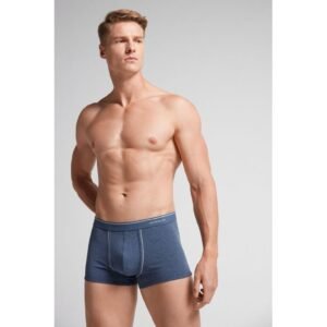 Cueca Boxer De Algodão Supima Com Elástico Visível - Azul