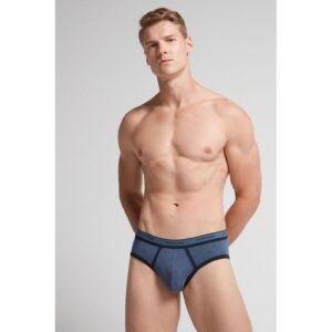 Cueca Slip Em Algodão Supima Elasticizado Com Logotipo - Azul