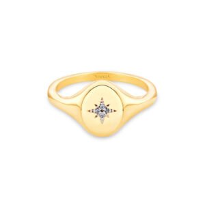 Anel Signet Estrela em Ouro Amarelo 18k com Diamantes