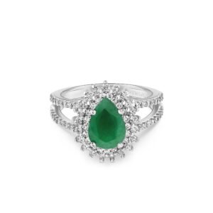 Anel Clássico em Ouro Branco 18k com Esmeralda e Diamantes