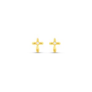 Brinco Life Petit II Cruz Prata Banho Ouro Amarelo Cravejado