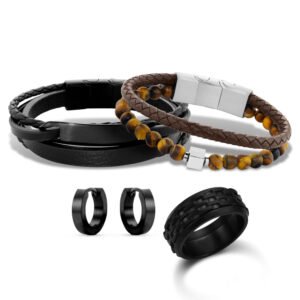 Kit Life Masculino Pulseiras Couro Olho de Tigre, Brinco e Anel Aço