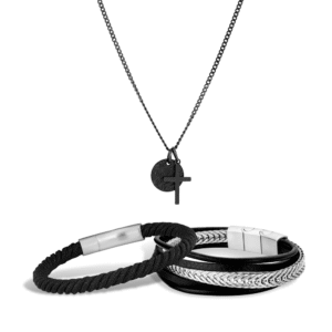 Kit Life Masculino Pulseiras Couro e Colar Cruz