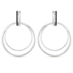 Brinco Argola Elos em Prata 925 com Safiras Negras