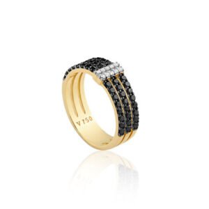 Anel Duo em Ouro Amarelo 18k com Diamantes e Diamantes Negros