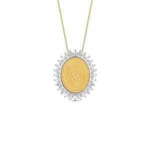 Pingente Medalha N.Sra. Aparecida em Ouro Amarelo 18k com Prata 925 e Topázios Incolores