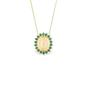 Pingente Medalha N.Sra. Aparecida em Ouro Amarelo 18k com Esmeraldas