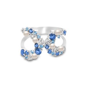 Anel Life Pacific em Prata 925 com Pedras Azuis, Incolores e Esferas Peroladas