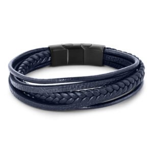 Pulseira Life Trançada em Couro Azul com Aço