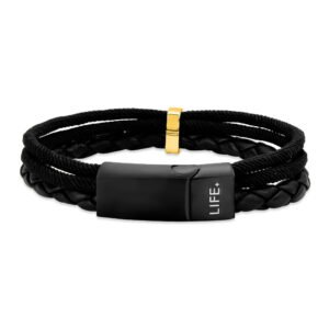 Pulseira Life Trançada em Couro Preto com Aço