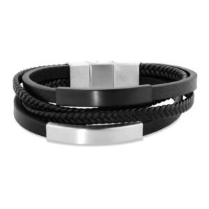 Pulseira Life Trançada em Couro Preto com Aço