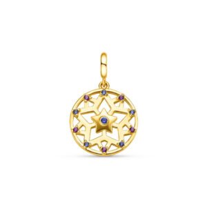 Pingente Life Mist Mandala em Prata 925 com Banho de Ouro Amarelo 18k e Pedras Lilás e Azuis