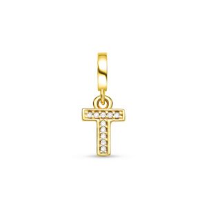 Pingente Life Letra T em Prata 925 com Banho de Ouro Amarelo 18k e Pedras Incolores