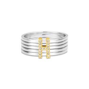 Anel Letra H em Prata 925 com Ouro Amarelo 18k e Diamantes