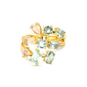 Anel Life Bellini em Prata 925 com Banho de Ouro Amarelo 18k, Pedras Verdes, Amarelas e Incolores