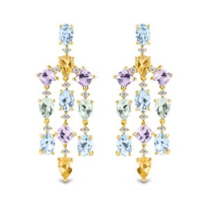 Brinco Florence em Ouro Amarelo 18k com Topázios Sky, Prasiolitas, Ametistas Roxas, Citrinos e Diamantes