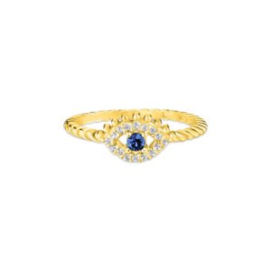 Anel Life Patuás III Olho Grego em Prata 925 com Banho de Ouro Amarelo 18k e Pedras Azul e Incolores